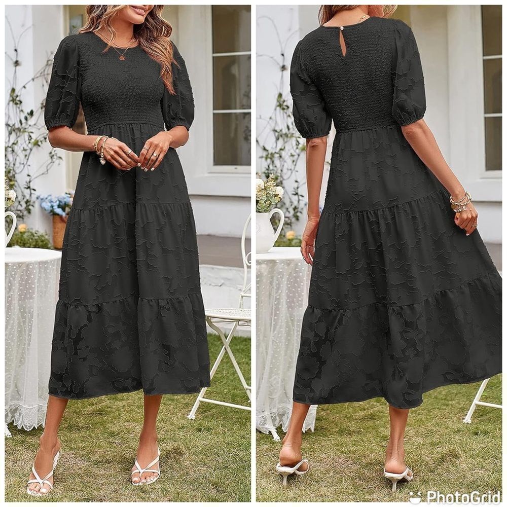 NWT MEROKEETY Summer Puff Sleeve Smocked Crewneck Lace Flowy Tiered Midi…